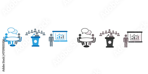 Flat Style Conference Call Symbols: Collection of Business Communication and Collaboration Icons

