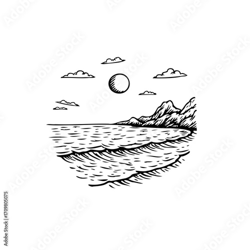 Minimalist seashore illustration featuring gentle waves, distant mountains and soft clouds