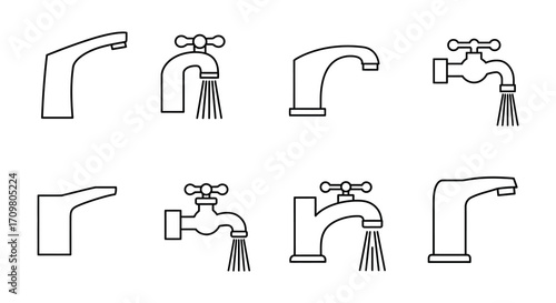 Collection of simple black and white faucet and water tap icons