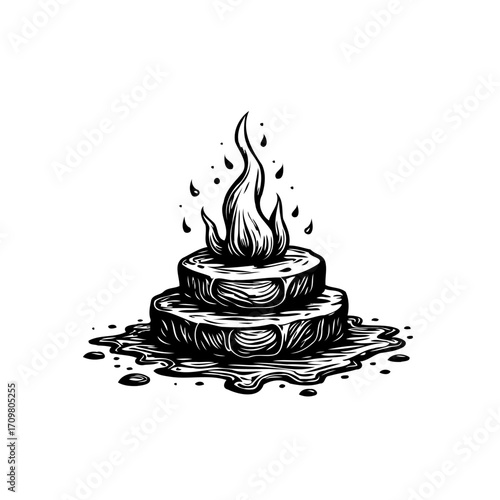 Monochromatic depiction presents a layered cake ablaze, creating a sense of visual contrast and