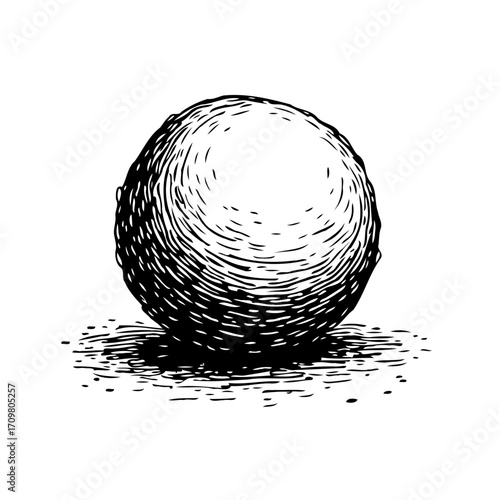 Monochromatic drawing of a spherical object with light and shadow in detailed linework and