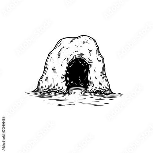 Monochromatic illustration of a secluded natural rock formation providing entrance to an unknown