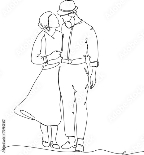 Elderly couple in continuous line art drawing style. Senior man and woman walking together holding hands. Minimalist black linear sketch isolated on white background. Vector illustration