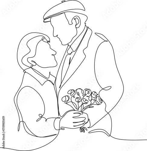 Elderly couple in continuous line art drawing style. Senior man and woman walking together holding hands. Minimalist black linear sketch isolated on white background. Vector illustration