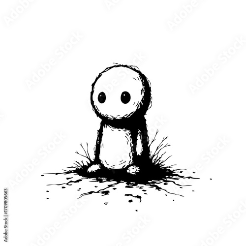 Monochromatic melancholic creature evokes feelings of isolation and vulnerability amid stark