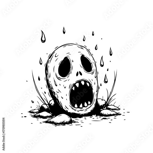 Monochromatic representation of a skull with downward tears highlighting themes of sorrow and loss