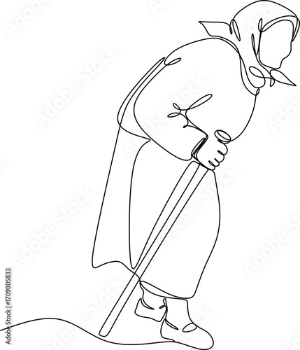 Elderly woman in continuous line art drawing style. Minimalist black line sketch isolated on white background. Vector illustration.