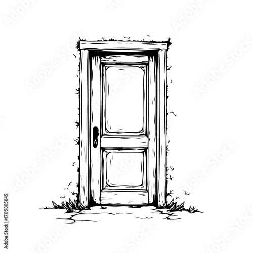 Monochromatic sketch of an old, weathered wooden door with mossy details and aged stone threshold