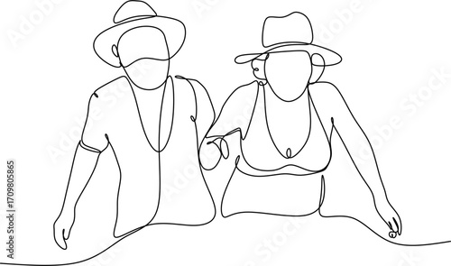 Elderly couple in continuous line art drawing style. Senior man and woman walking together holding hands. Minimalist black linear sketch isolated on white background. Vector illustration