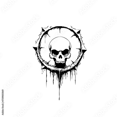 Monochromatic skull emblem with a weathered spiked circle border conveying symbolic concepts of