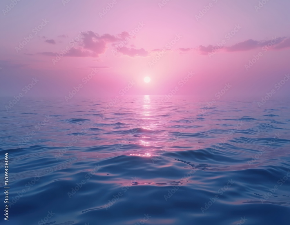 Obraz premium Pink sunrise over calm blue ocean waves. Surreal seascape with rippled water surface reflecting morning light. Magical fantasy landscape, peaceful dawn over serene sea.