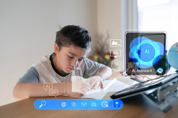 Young boy learning with AI assistant at home, using futuristic technology for online education, homeschooling, or virtual tutoring. Concept of AI in modern children's learning
