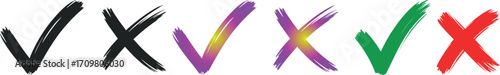 Collection of check and cross marks in various colors on white