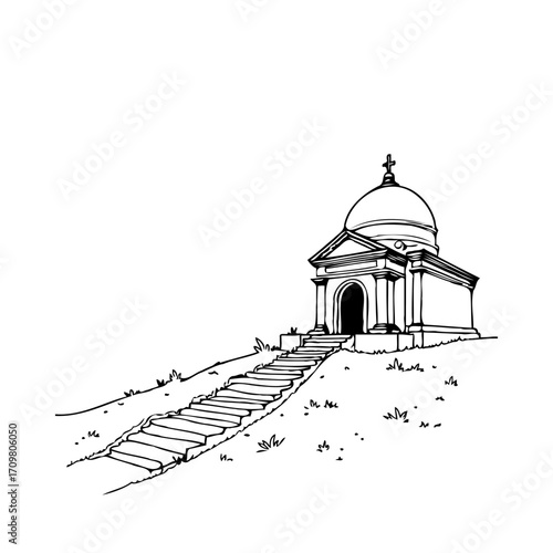 Monochrome architectural illustration of a mausoleum with stairs ascending a small hill providing