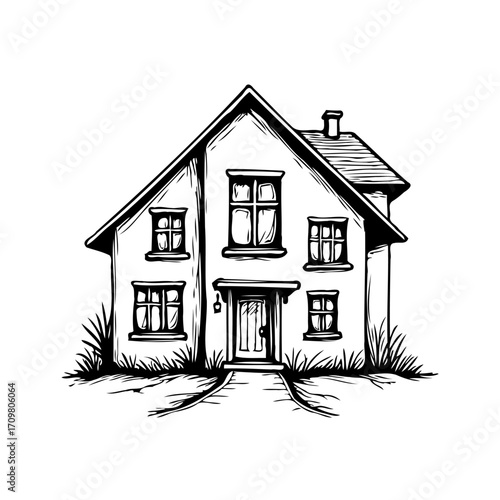 Monochrome architectural residential sketch of a two story house showcasing its simplistic beauty