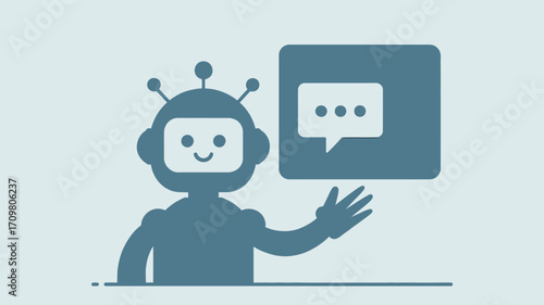 Cartoon robot waving hand with chat bubble on a light backdrop