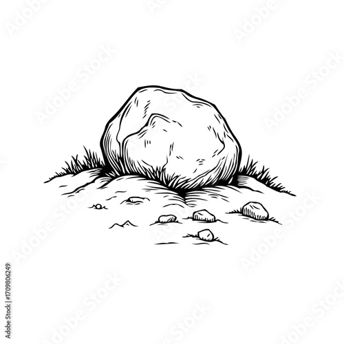 Monochrome boulder landscape illustration with ground stones and minimal vegetation art creation