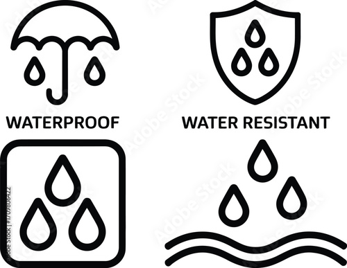 Waterproof and water resistant icons with umbrella shield and waves