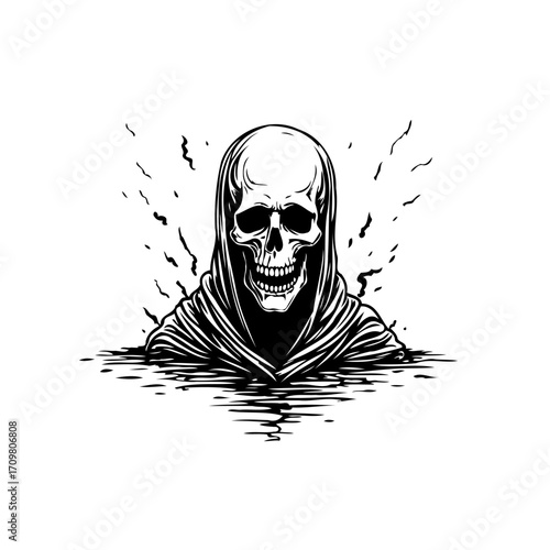 Monochrome depiction of a skeletal figure draped in fabric emerging from rippling depths evoking