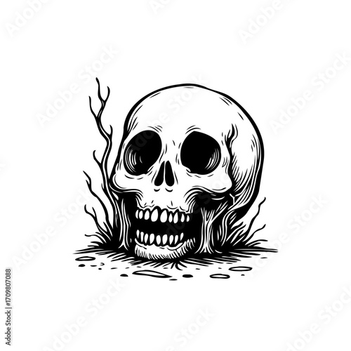 Monochrome depiction of skeletal remains symbolizing mortality amidst barren land with minimal
