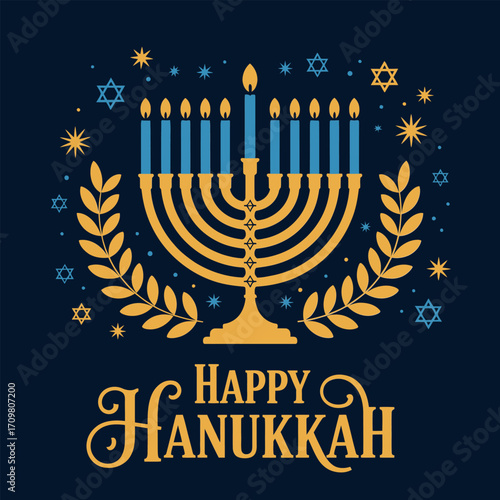 Happy Hanukkah emblem, laurel wreath frame, glowing menorah with candles, elegant serif lettering, navy background, holiday vector artwork