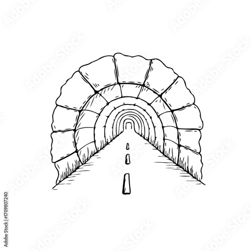 Monochrome drawing depicting a rock formation tunnel road a symbolic passage and unknown journey