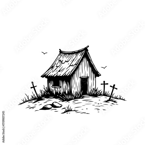 Monochrome drawing of a quaint hut nestled among grassy hill with cross tombstones serene and