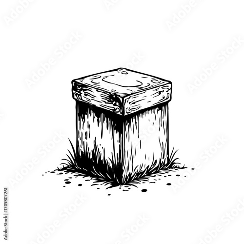 Monochrome drawing showcasing a weathered square stone structure embraced by sprouting vegetation