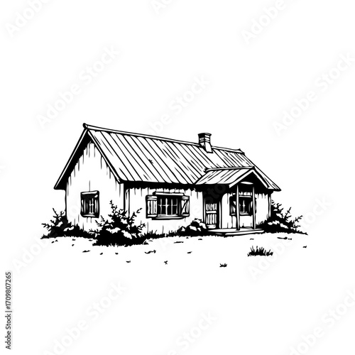 Monochrome drawing of cozy small home with surrounding bushes and chimney emitting quiet warmth