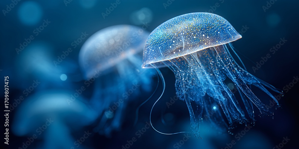 Fototapeta premium Macro photograph of delicate baby jellyfish glowing softly while drifting in ocean waters