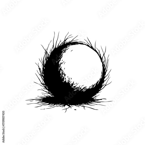 Monochrome ethereal circle encompassed by textural branches, evoking mystery and stylized