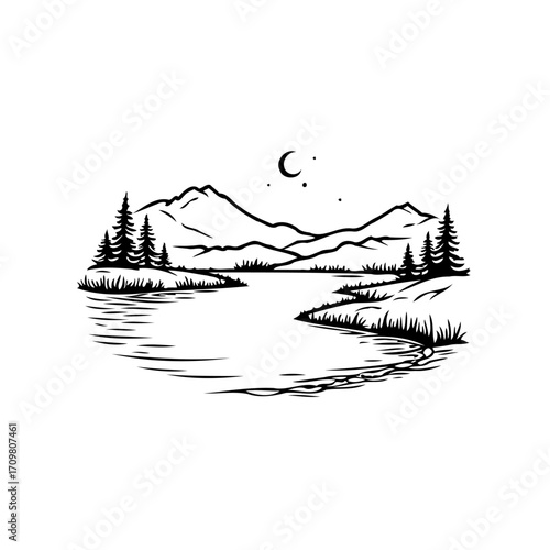 Monochrome ethereal vista capturing tranquil waters mountainous landscape under a crescent moon