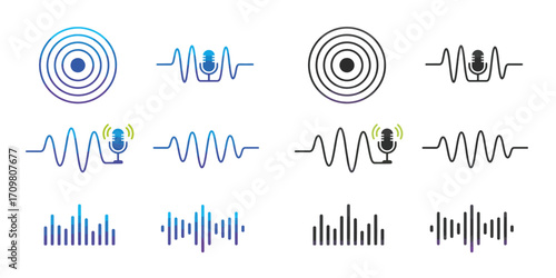 Collection of rhythmic sound wave patterns for music visualization, background, and technology-themed design projects.

