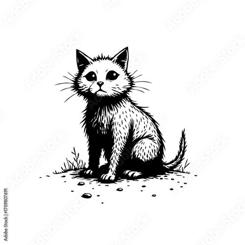 Monochrome furry feline illustration a simple artful sketch pet portrait digital design element