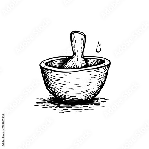 Monochrome hand drawn image presenting a mortar and pestle for herbal remedies and alternative