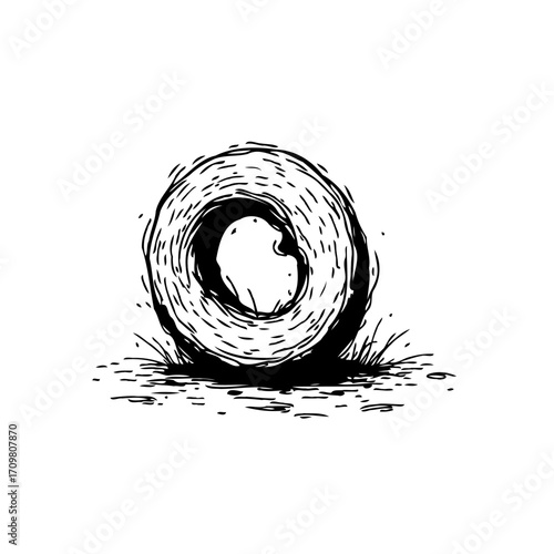 Monochrome hay bale illustration creating a rustic charm conveying agricultural harvesting