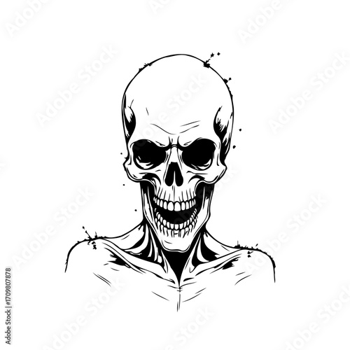 Monochrome human skull drawing with sinister expression and abstract ink blots on white backdrop