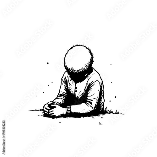 Monochrome illustration of a figure with an obscured head kneeling in a minimal setting expressing