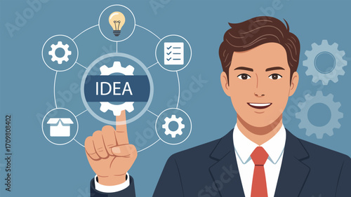Man pointing at idea gear with lightbulb and checklist icons around