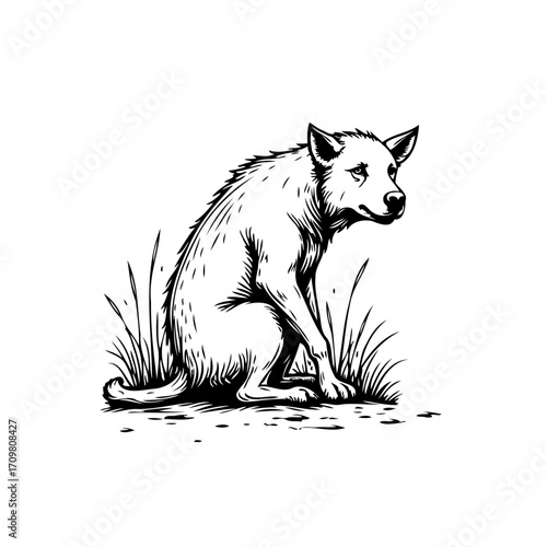 Monochrome illustration of a solitary hyena sitting amongst tall grass in simplistic sketch style
