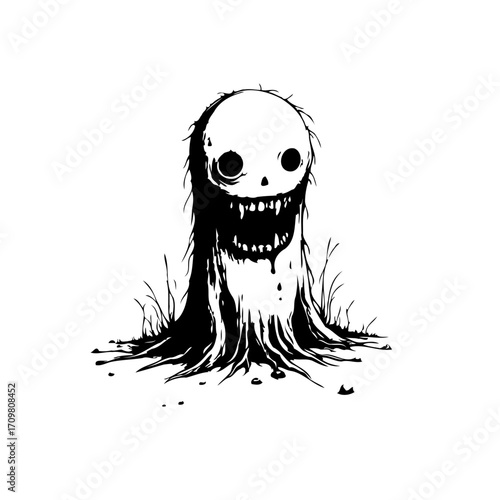 Monochrome illustration of a sinister specter with a grotesque grin looming from the depths of