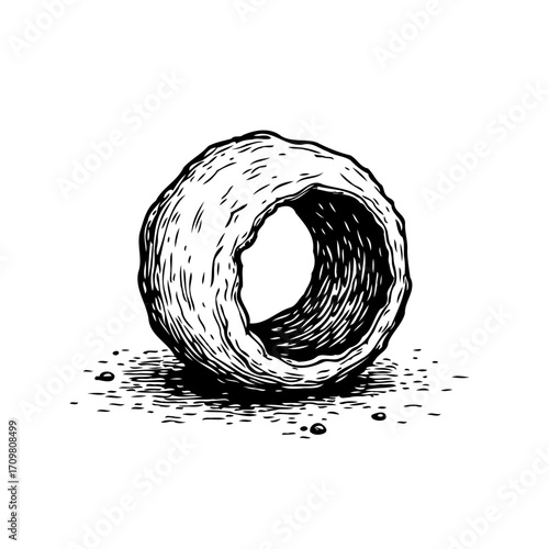 Monochrome illustration of a uniquely shaped, roughly textured, circular stone with a hollow