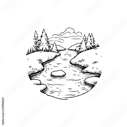 Monochrome illustration showcases serene river landscape surrounded by evergreen trees and distant