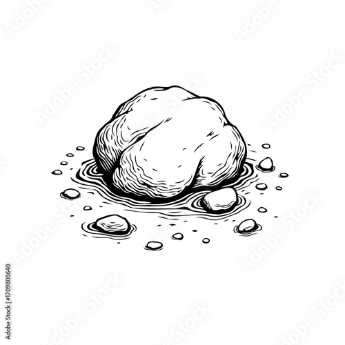 Monochrome illustration of rock surrounded by water showcasing nature and simplicity drawn concept