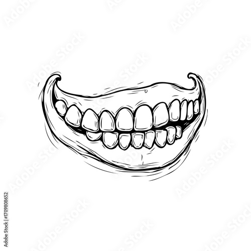 Monochrome illustration showcasing an exaggerated set of teeth and gums with artistic shading and