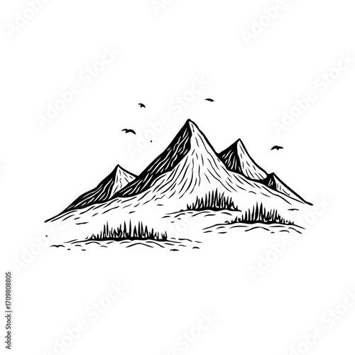 Monochrome mountain peaks illustration with soaring birds offering a serene natural and