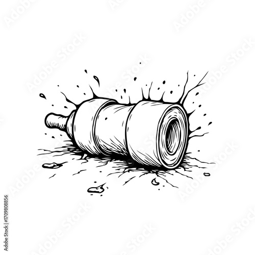 Monochrome illustration of cylindrical object exploding with radiating lines offering dynamic