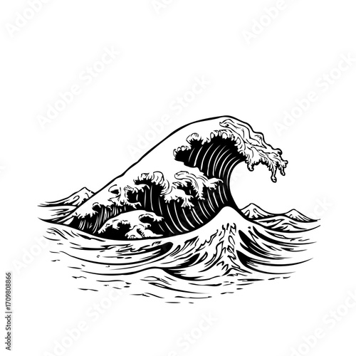 Monochrome ocean wave illustration showcases the raw power of the sea with textured details