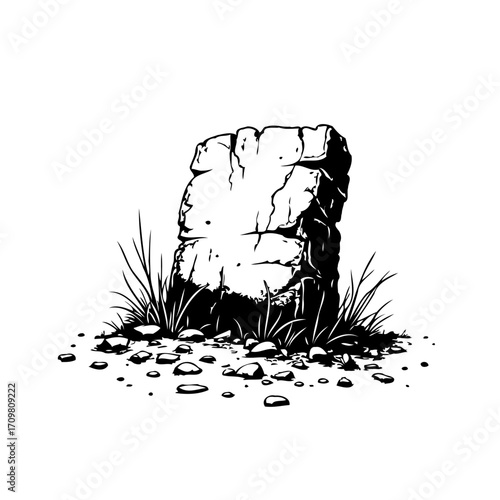 Monochrome rock formation surrounded by vegetation offers a minimalist depiction of geological