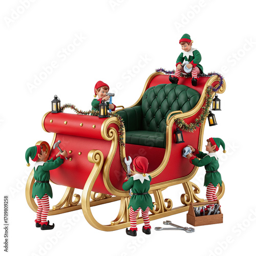 Christmas elves repairing a red Santa sleigh